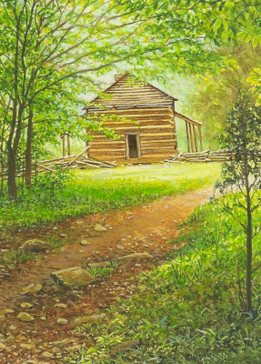 miniature painting of the John Oliver cabin in GSMNP by Wes Siegrist