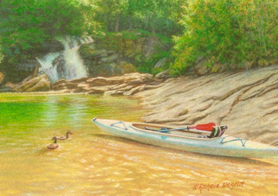 miniature painting of a kayak by Rachelle Siegrist