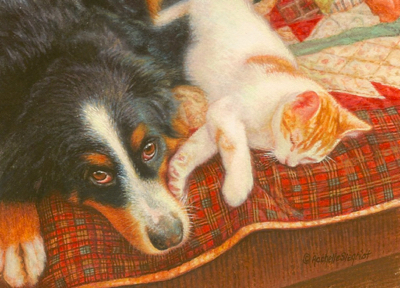 Commissioned miniature painting of a dog and cat by Rachelle Siegrist