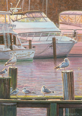 miniature painting of a seagulls and boats in a marina by Wes Siegrist