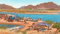 miniature painting of a fishermens' camp in Mexico