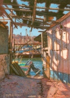 miniature painting of rusty old boats in a marina in Mexico