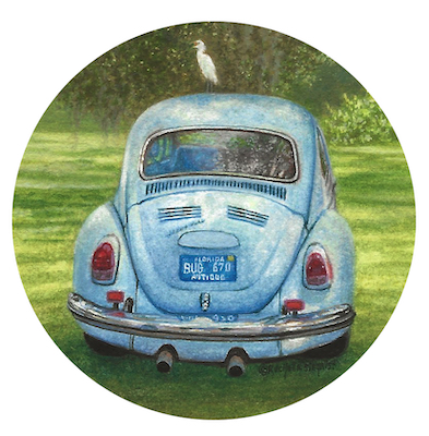Miniature Painting of a cattle egret on a VW Beetle by Rachelle Siegrist