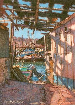 miniature painting of rusty old boats in a marina in Mexico by Rachelle Siegrist