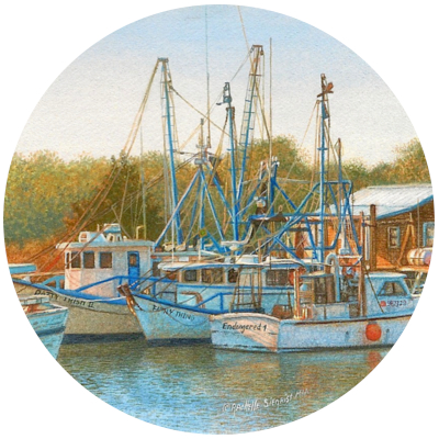 miniature painting of boats by Rachelle Siegrist