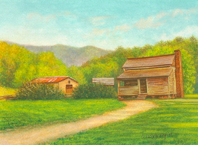 Miniature cabin painting by Rachelle Siegrist
